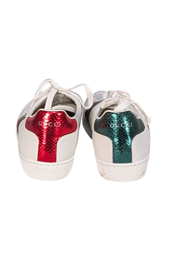 Gucci - White Leather Sneakers w/ Signature Bee and Stripe Detail Sz 9 - Current Boutique