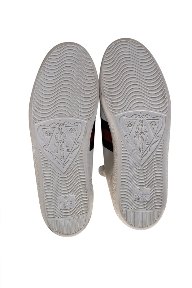 Gucci - White Leather Sneakers w/ Signature Bee and Stripe Detail Sz 9 - Current Boutique