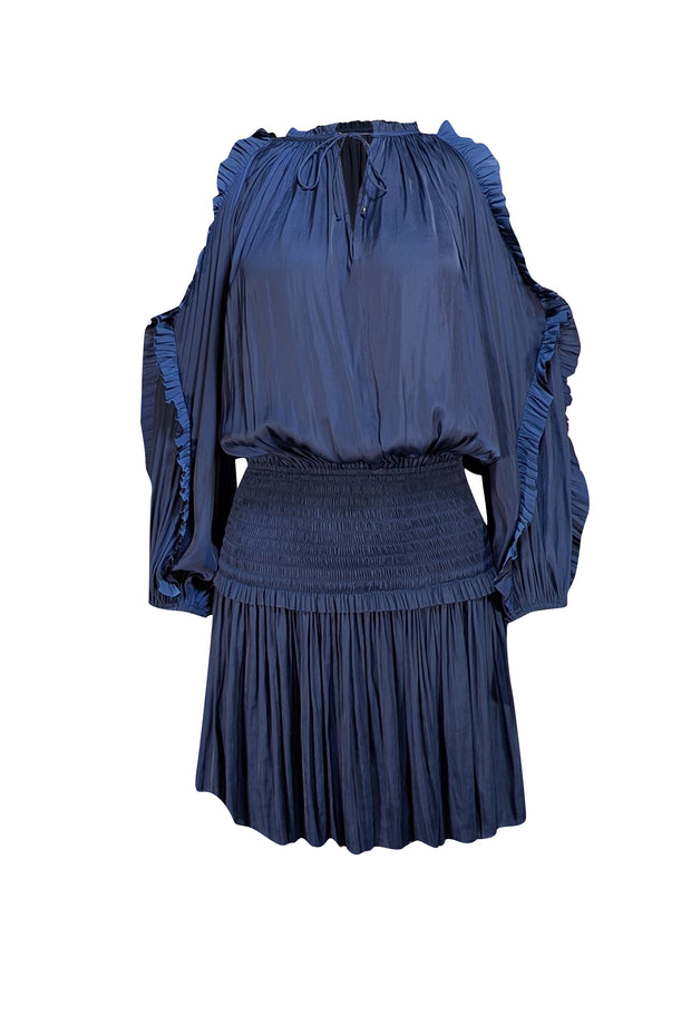 Ulla Johnson - Navy Satin Smocked Waist Cold Shoulder Dress Sz 0