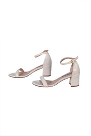 Stuart Weitzman - White Pebbled Leather Low Block Heel Sandals Sz - Current Boutique