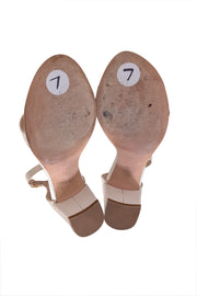 Stuart Weitzman - White Pebbled Leather Low Block Heel Sandals Sz - Current Boutique