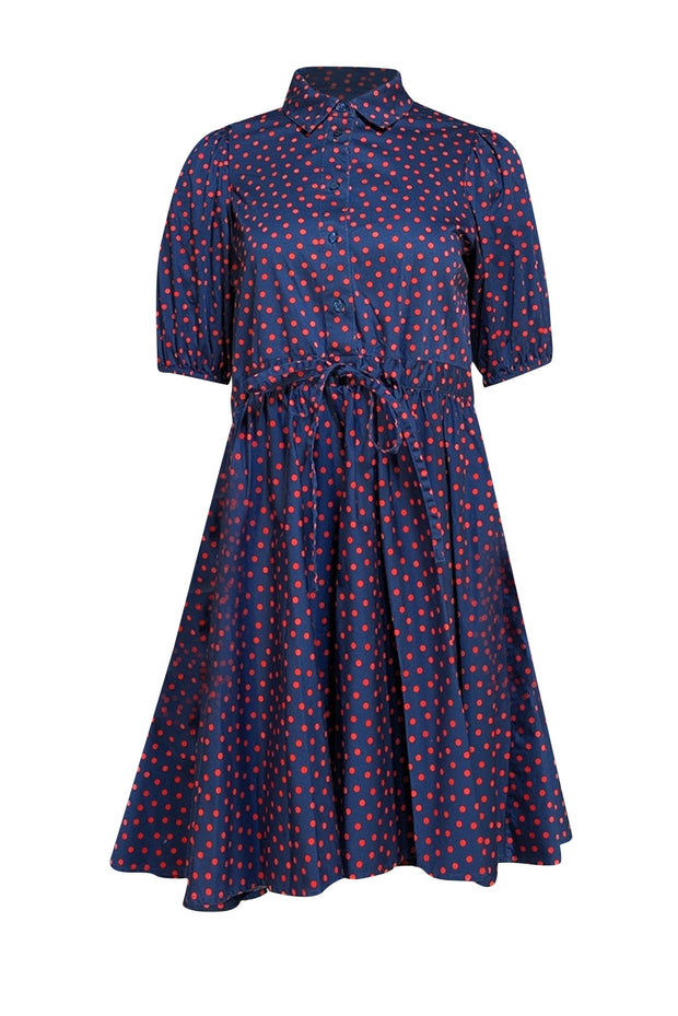 Kate Spade - Navy w/ Red Polka Dot Short Sleeve Quarter Button Front Dress Sz S - Current Boutique