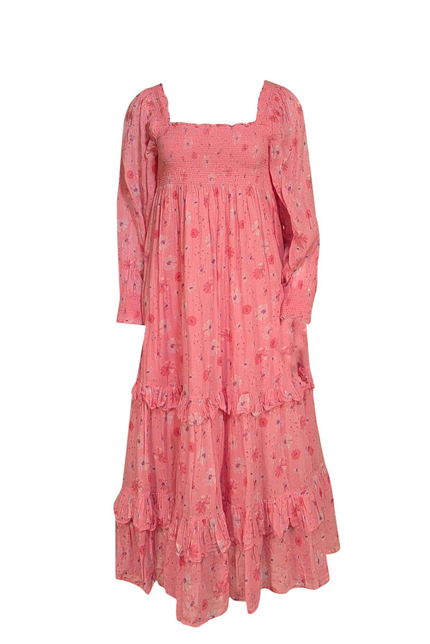 LoveShackFancy - Pink Floral Smocked Bodice Maxi Dress Sz M - Current Boutique