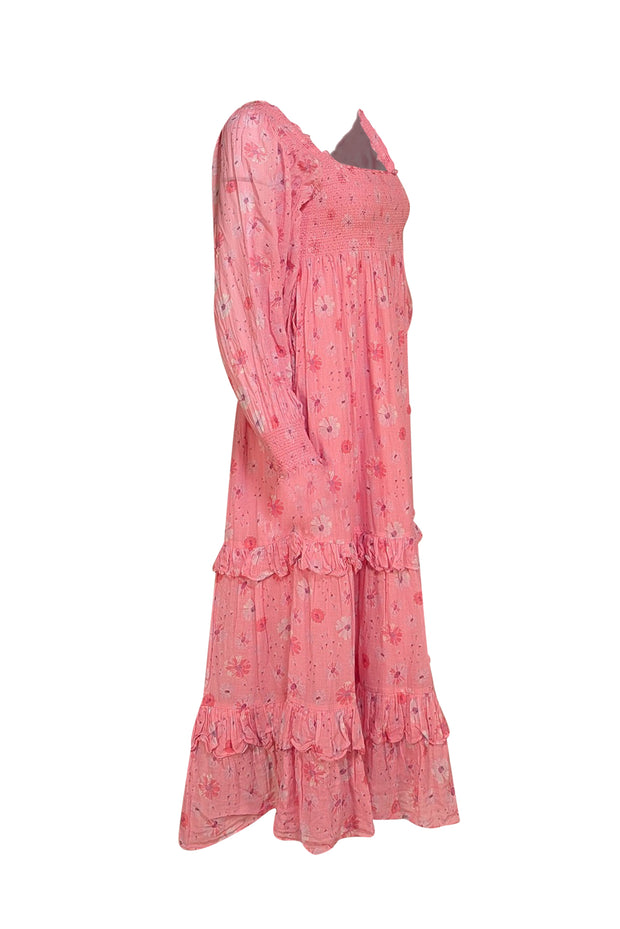 LoveShackFancy - Pink Floral Smocked Bodice Maxi Dress Sz M - Current Boutique