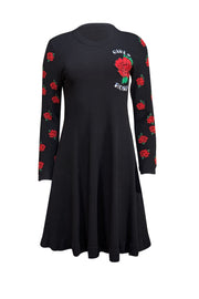 Red Valentino - Black Knit Sweater Dress w/ Rose Print Sz M - Current Boutique
