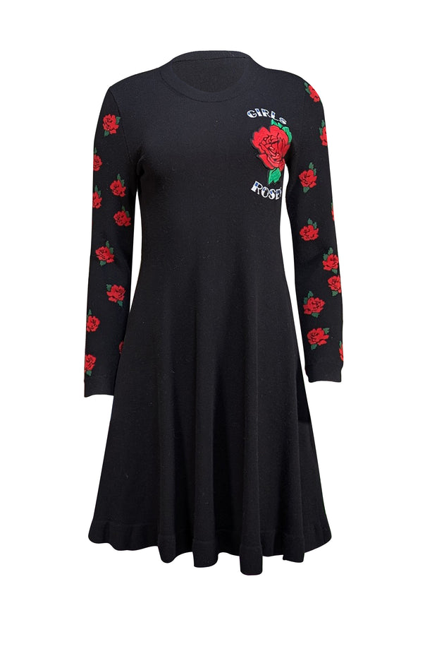 Red Valentino - Black Knit Sweater Dress w/ Rose Print Sz M - Current Boutique