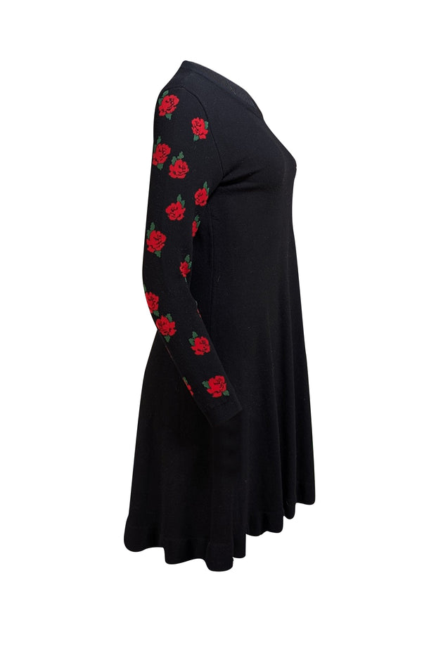 Red Valentino - Black Knit Sweater Dress w/ Rose Print Sz M - Current Boutique