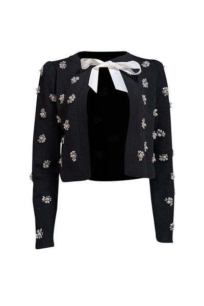 Alice & Olivia - Black Wool Blend Jewel & Pearl Trim Cardigan Sz M - Current Boutique