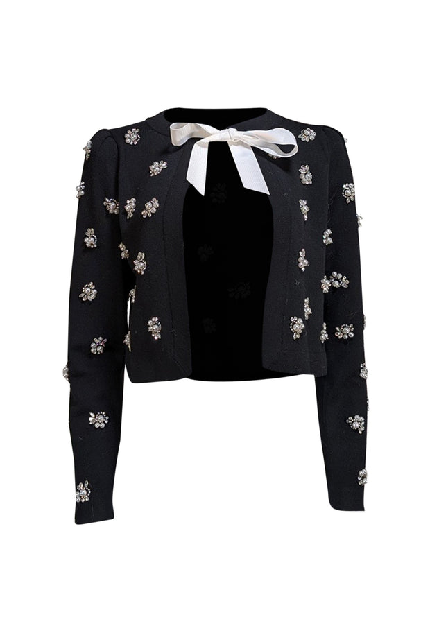 Alice & Olivia - Black Wool Blend Jewel & Pearl Trim Cardigan Sz M - Current Boutique