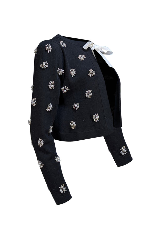 Alice & Olivia - Black Wool Blend Jewel & Pearl Trim Cardigan Sz M - Current Boutique