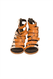Balenciaga - Tan & White Strappy Buckle Block Heel Sandals Sz 10 - Current Boutique
