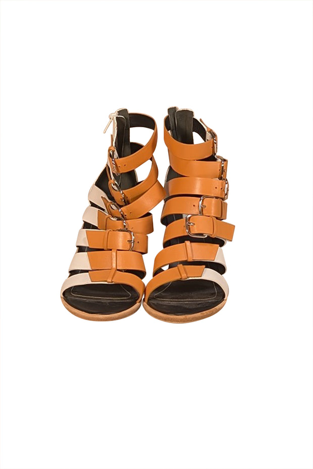 Balenciaga - Tan & White Strappy Buckle Block Heel Sandals Sz 10 - Current Boutique
