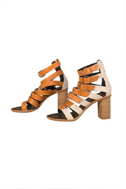 Balenciaga - Tan & White Strappy Buckle Block Heel Sandals Sz 10 - Current Boutique