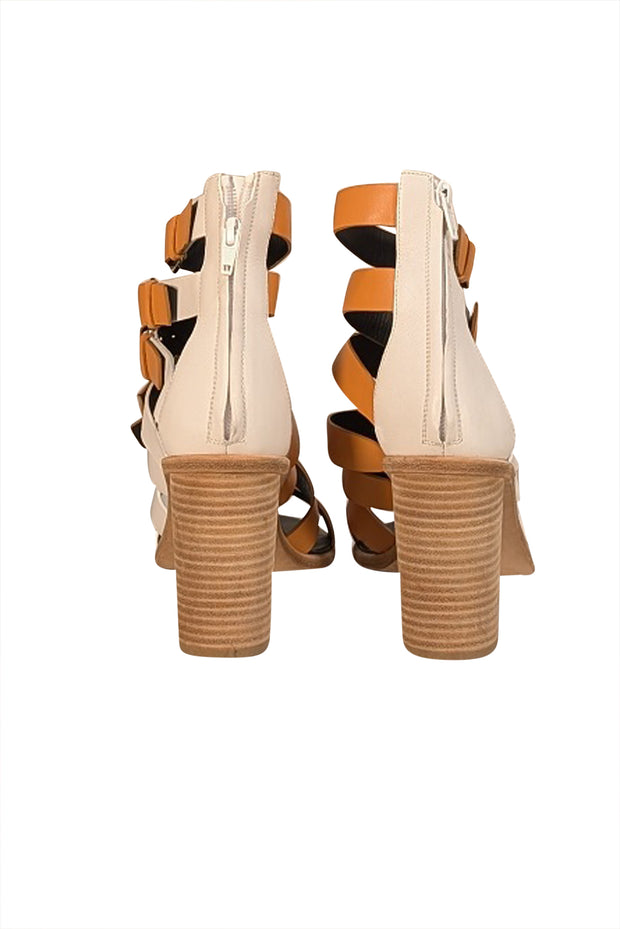 Balenciaga - Tan & White Strappy Buckle Block Heel Sandals Sz 10 - Current Boutique
