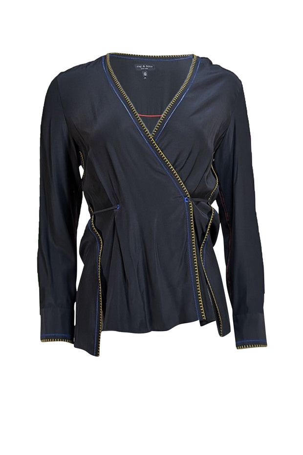 Rag & Bone - Black Silk Tie Waist Blouse w/ Contrast Stitching Sz XS - Current Boutique