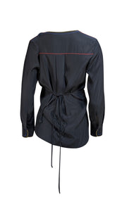 Rag & Bone - Black Silk Tie Waist Blouse w/ Contrast Stitching Sz XS - Current Boutique