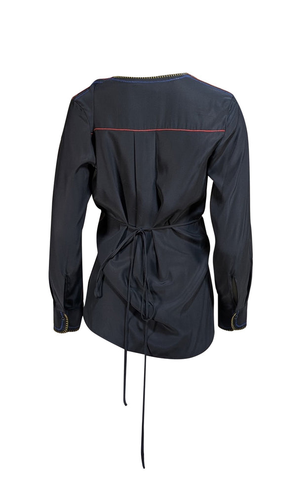 Rag & Bone - Black Silk Tie Waist Blouse w/ Contrast Stitching Sz XS - Current Boutique