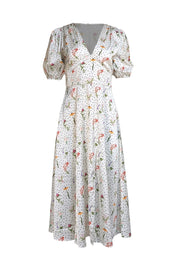 Alexia Admor - Ivory & Black Polka Dot w/ Multi Color Floral Print Slit Front Dress Sz 6