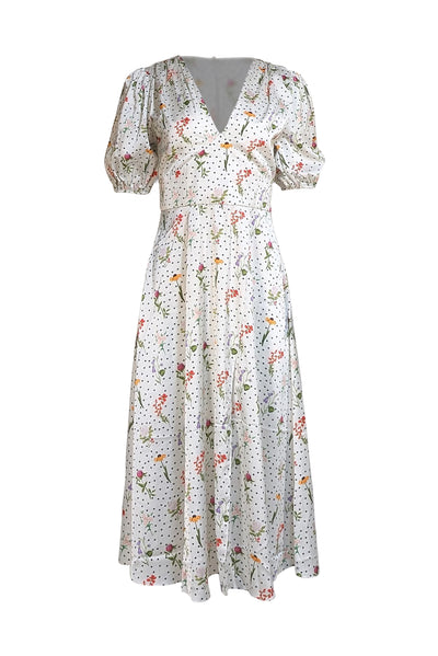 Alexia Admor - Ivory & Black Polka Dot w/ Multi Color Floral Print Slit Front Dress Sz 6