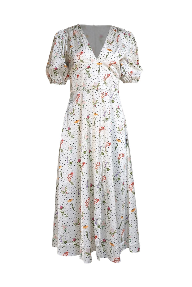 Alexia Admor - Ivory & Black Polka Dot w/ Multi Color Floral Print Slit Front Dress Sz 6