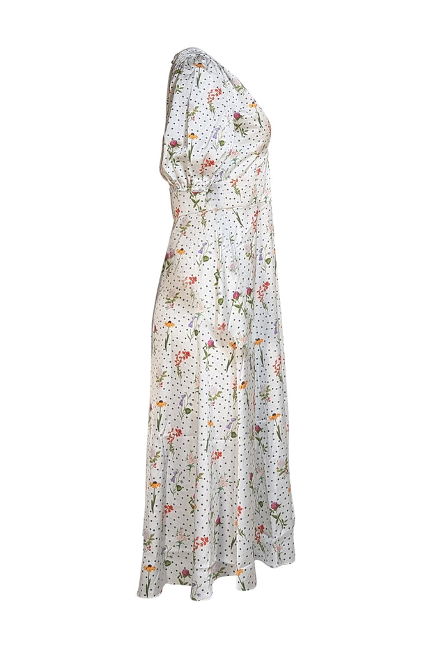 Alexia Admor - Ivory & Black Polka Dot w/ Multi Color Floral Print Slit Front Dress Sz 6
