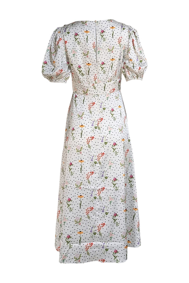 Alexia Admor - Ivory & Black Polka Dot w/ Multi Color Floral Print Slit Front Dress Sz 6
