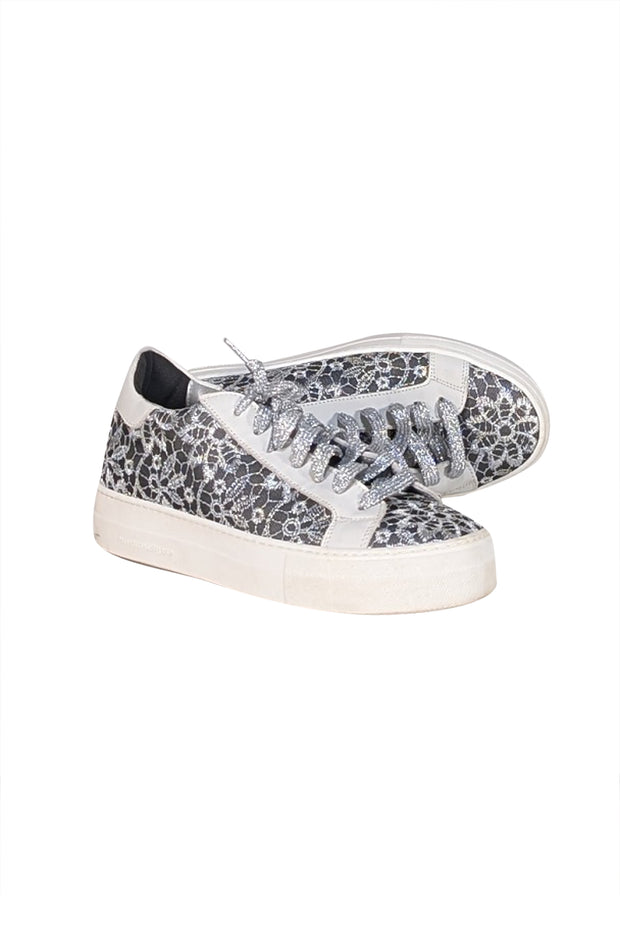 P448 - Silver, Grey, & White Lace Covered Sneakers Sz 10