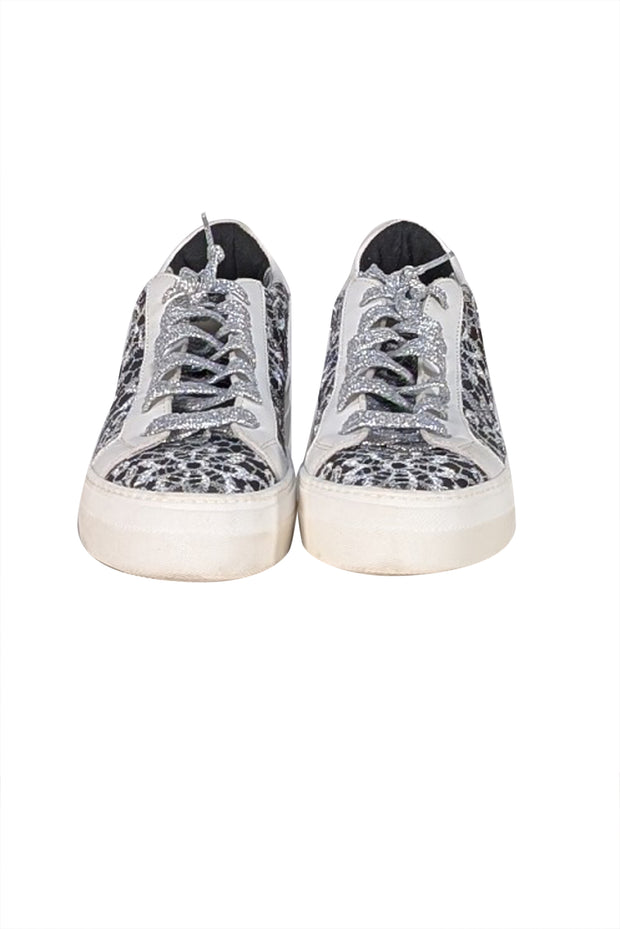 P448 - Silver, Grey, & White Lace Covered Sneakers Sz 10