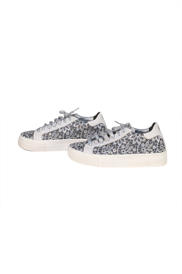 P448 - Silver, Grey, & White Lace Covered Sneakers Sz 10