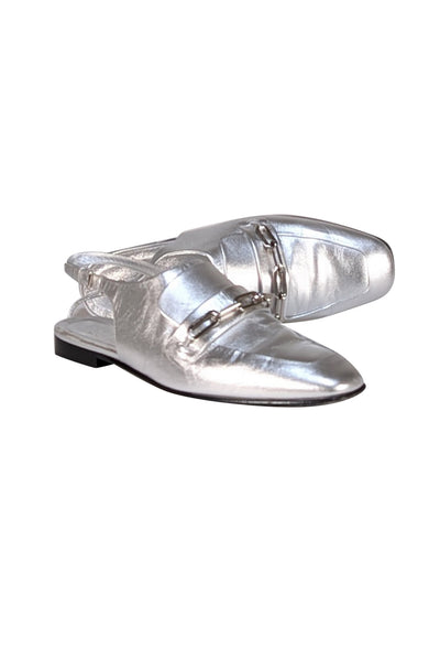 Burberry - Silver Metallic Leather Slingback Loafers Sz 10 - Current Boutique