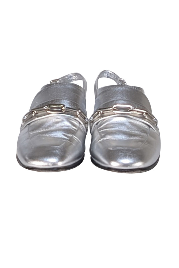 Burberry - Silver Metallic Leather Slingback Loafers Sz 10 - Current Boutique