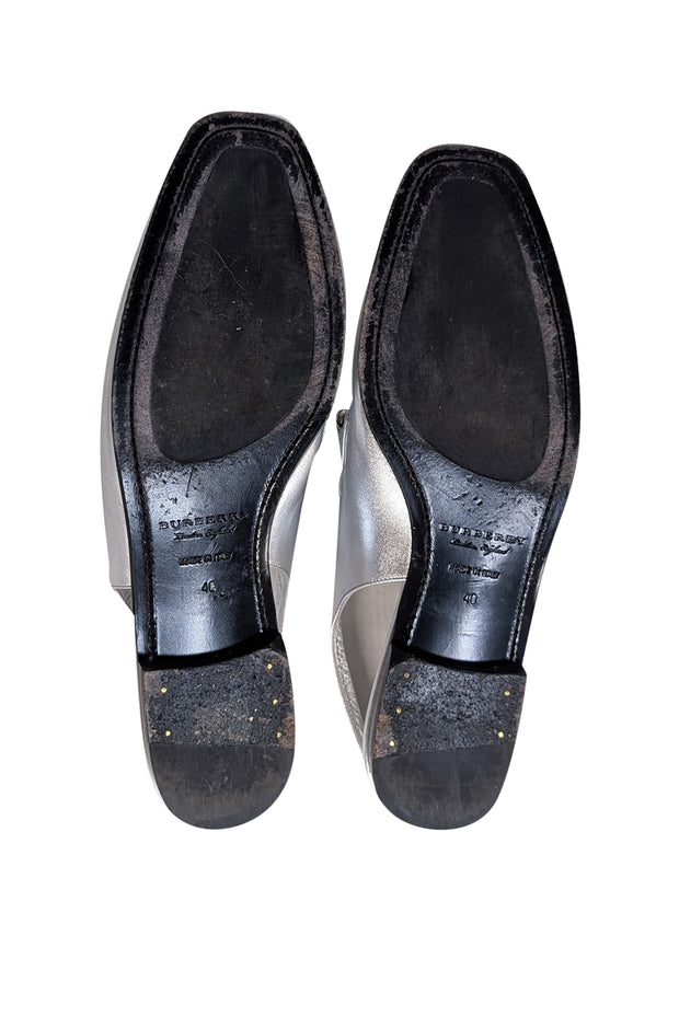 Burberry - Silver Metallic Leather Slingback Loafers Sz 10 - Current Boutique