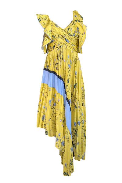 Self-Portrait - Yellow & Blue Floral Off The Shoulder Pleated Maxi Dress Sz 2 - Current Boutique