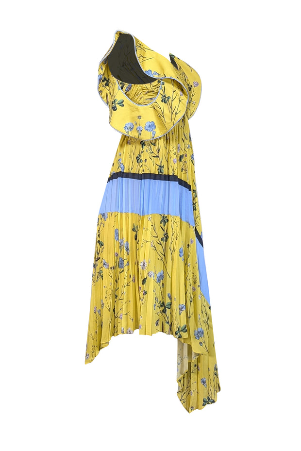 Self-Portrait - Yellow & Blue Floral Off The Shoulder Pleated Maxi Dress Sz 2 - Current Boutique