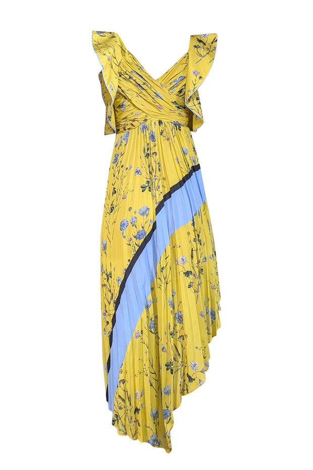 Self-Portrait - Yellow & Blue Floral Off The Shoulder Pleated Maxi Dress Sz 2 - Current Boutique