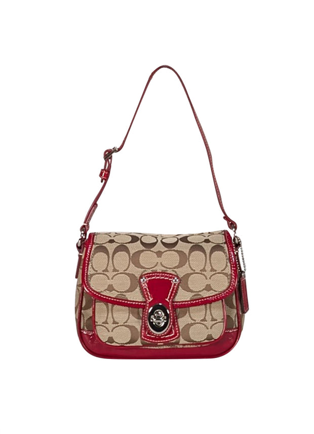 Coach - Beige Monogram Canvas Shoulder Bag w/Red Patent Leather Trims - Current Boutique