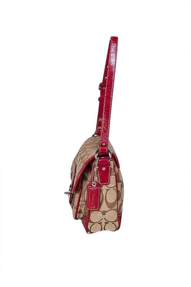 Coach - Beige Monogram Canvas Shoulder Bag w/Red Patent Leather Trims - Current Boutique