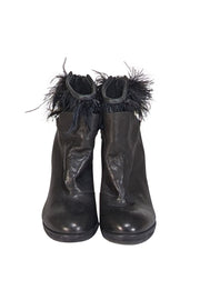 LD Tuttle - Black Leather Wedge Booties w/Feather Trim Sz 6.5 - Current Boutique