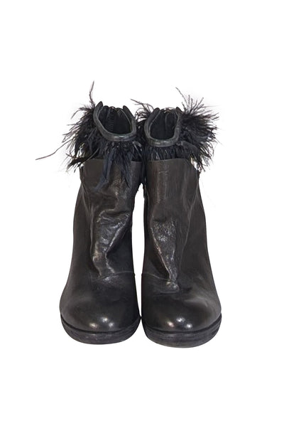 LD Tuttle - Black Leather Wedge Booties w/Feather Trim Sz 6.5 - Current Boutique