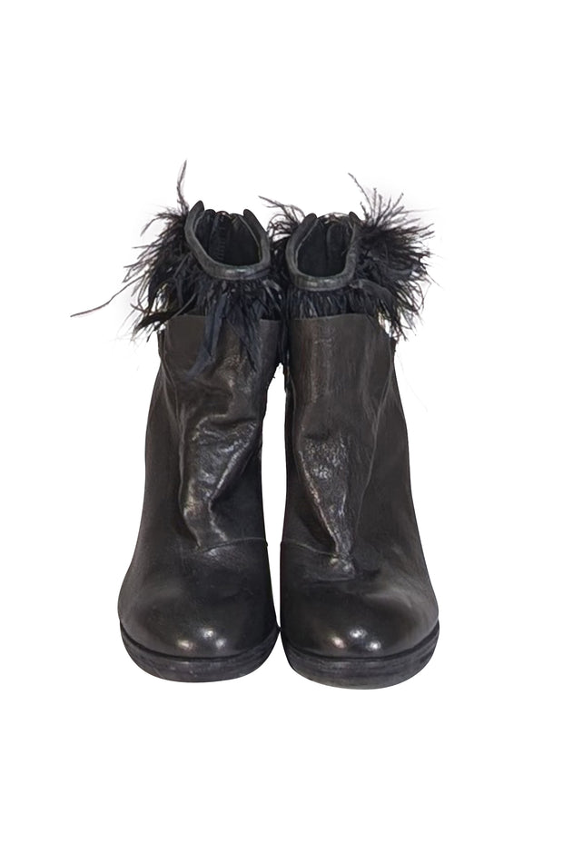 LD Tuttle - Black Leather Wedge Booties w/Feather Trim Sz 6.5 - Current Boutique