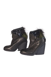 LD Tuttle - Black Leather Wedge Booties w/Feather Trim Sz 6.5 - Current Boutique