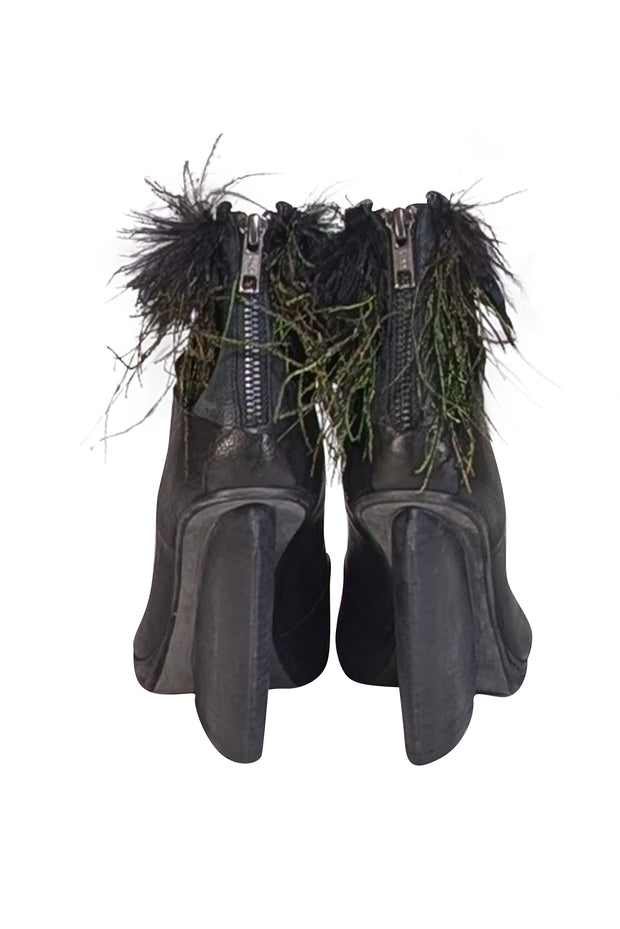 LD Tuttle - Black Leather Wedge Booties w/Feather Trim Sz 6.5 - Current Boutique