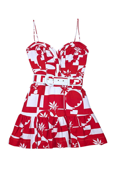 Rebecca Vallance - Red & White Print Belted Mini Dress Sz 0