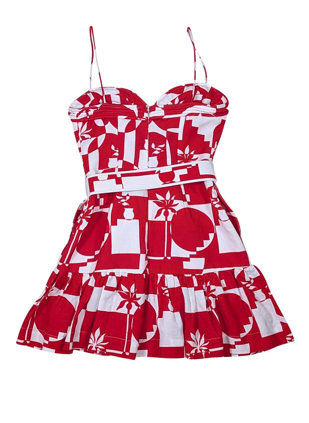 Rebecca Vallance - Red & White Print Belted Mini Dress Sz 0