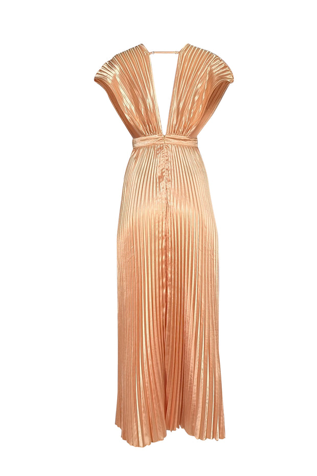 L'idee - Golden Yellow Plisse Pleated Deep V-Neckline Formal Dress Sz 8 - Current Boutique