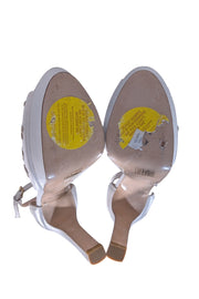L.K. Bennett - Ivory w/ Cream & Gold 3D Flower Detail Platform Strappy Pumps Sz 8 - Current Boutique