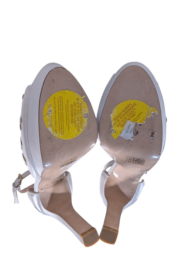 L.K. Bennett - Ivory w/ Cream & Gold 3D Flower Detail Platform Strappy Pumps Sz 8 - Current Boutique