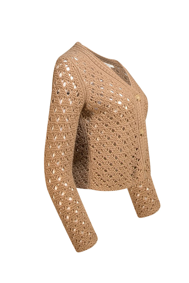 Vince - Tan Wool Blend Crochet Knit Cropped Cardigan Sz XS - Current Boutique