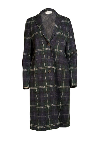 Harris Wharf London - Green, Navy, and White Plaid Wool Midi Overcoat Sz 8 - Current Boutique