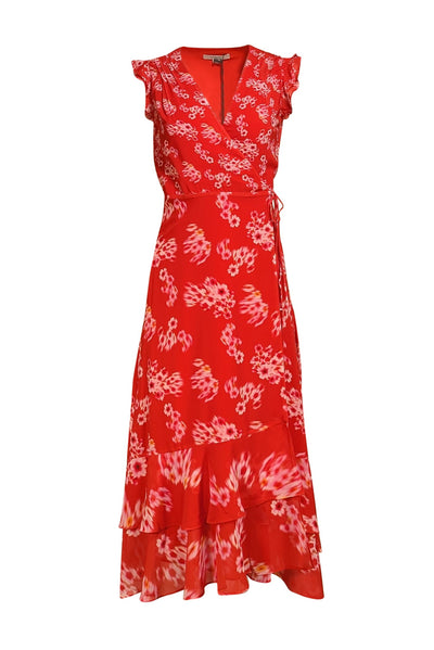 All Saints - Red & Pink Floral Flutter Cap Sleeve Wrap "Dela Jasmine" Dress Sz 0 - Current Boutique